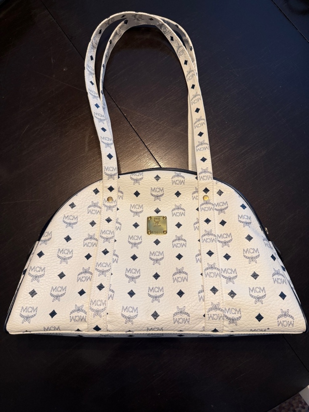 MCM White Logo Boston Shoulder Bag with Gold Plate Authentic